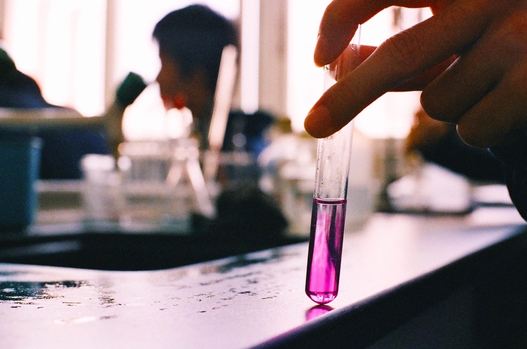 Pipette dispensing into a test tube in a laboratory